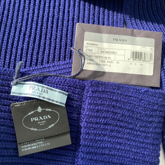 Prada Blue Logo- embroidered Wool Scarf - Picture 5 of 15